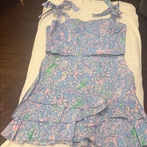 Lilly Pulitzer Floral Blue and Pink Top and Matching Ruffled Skirt Sz 2 NWT
